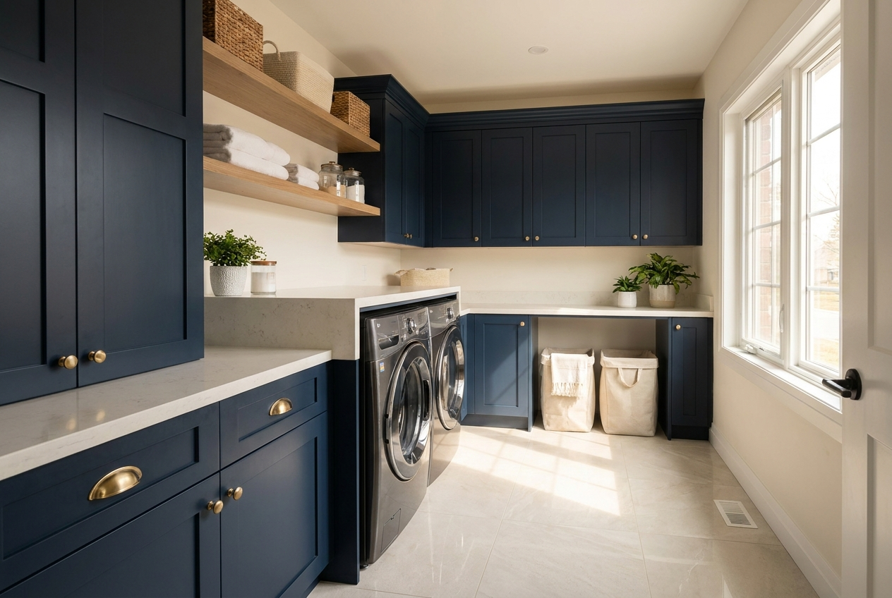 Fully renovated Canadian laundry room with navy cabinetry, brass hardware, and built-in washer and dryer
