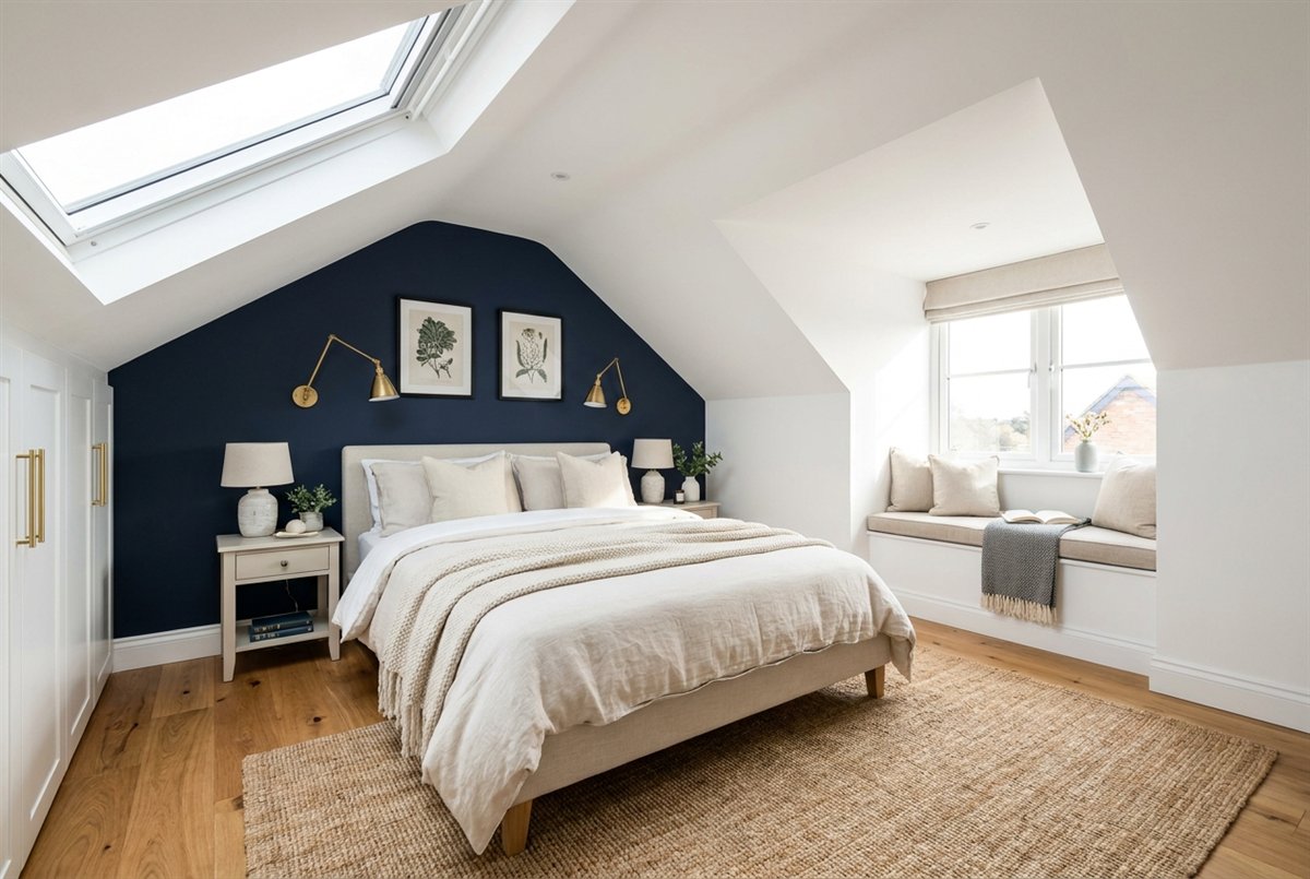 Finished loft conversion bedroom with a white pitched ceiling, rooflight windows, a navy feature wall and brass reading lights