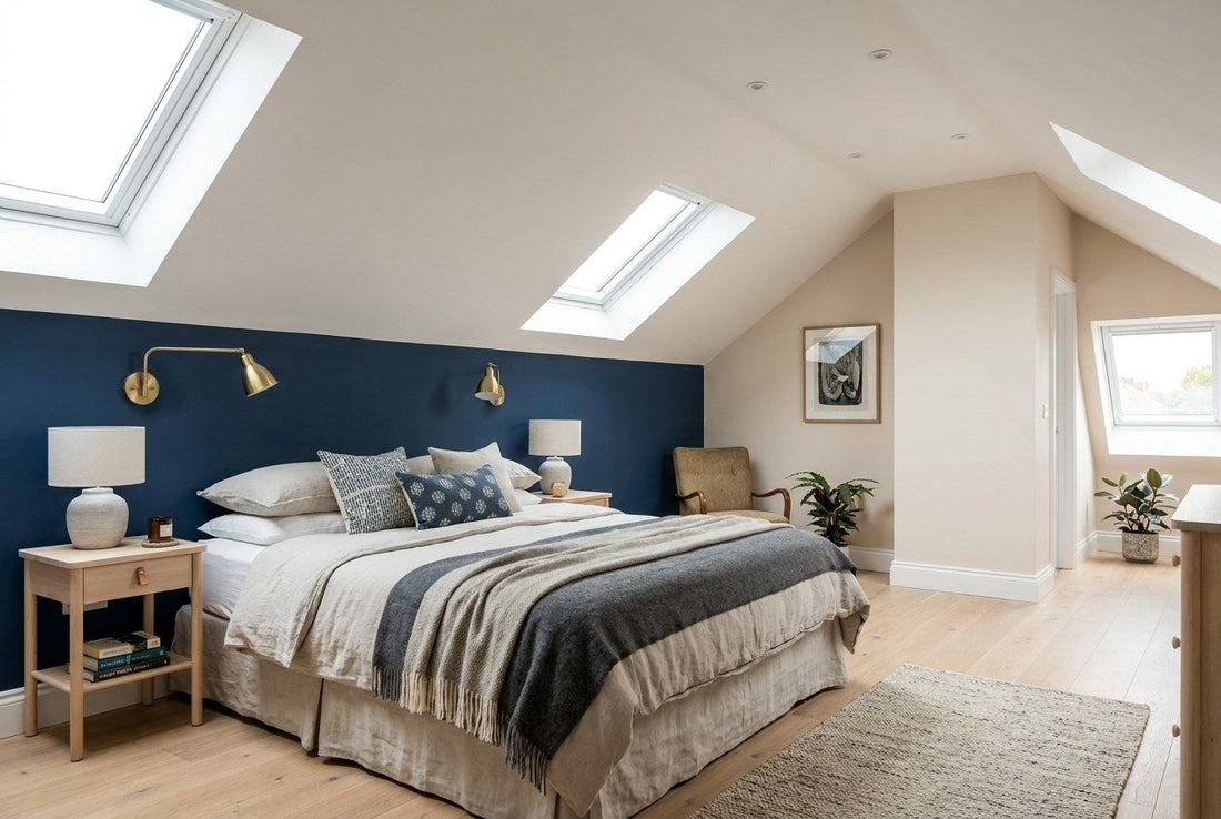 Finished UK loft conversion bedroom with a sloped ceiling, roof windows and a navy accent wall