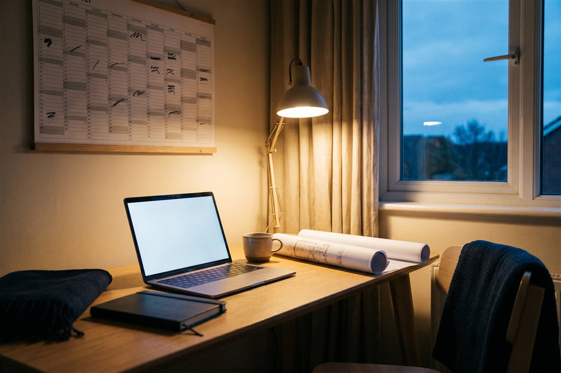 Evening renovation planning corner with a laptop, wall planner calendar and floor plans