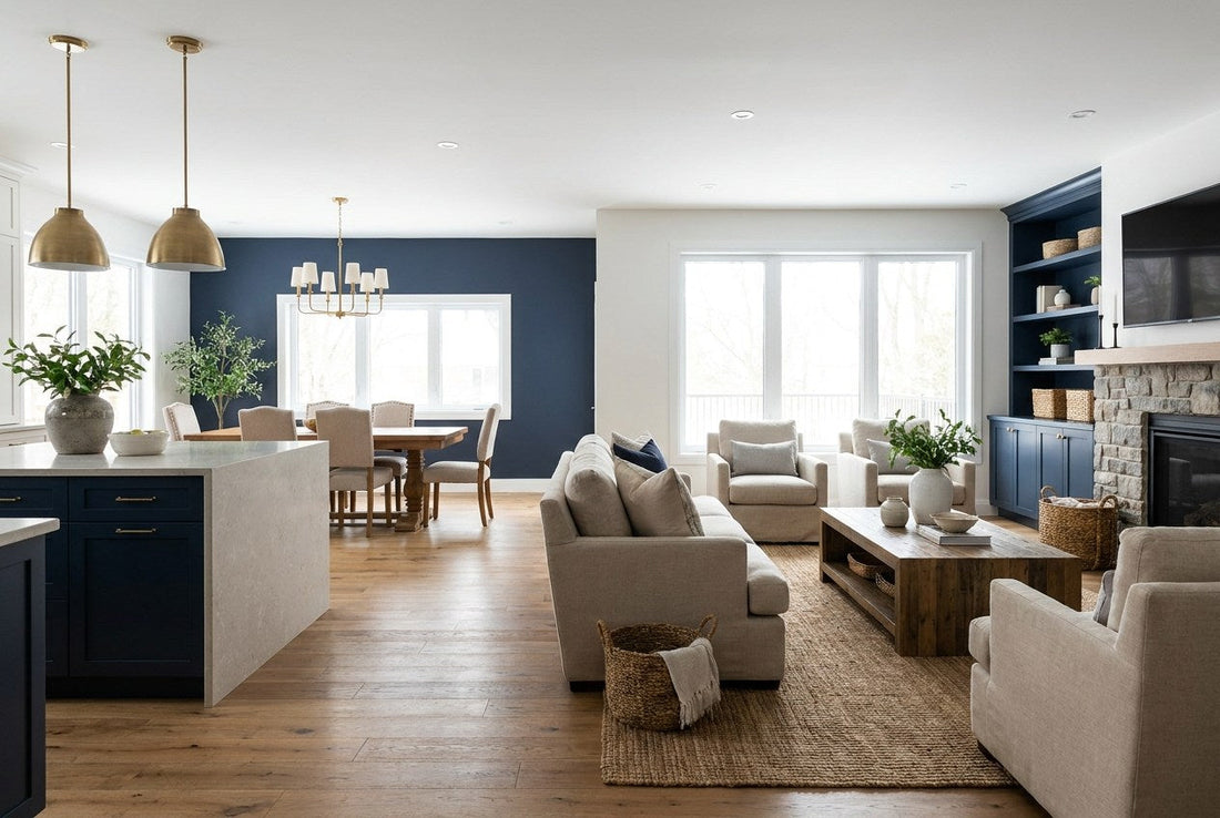 Finished open-plan living and dining room with navy accents in a renovated Canadian home