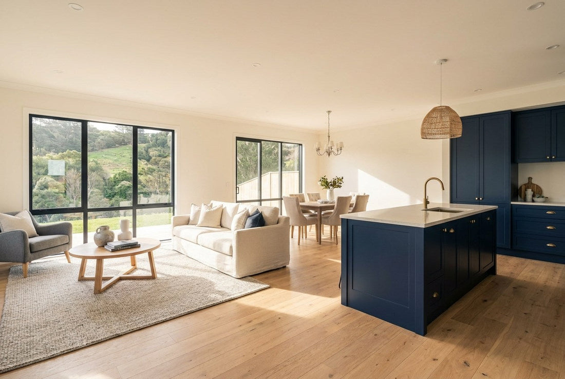 Finished open-plan living and kitchen in a renovated New Zealand home, with a navy island, pale stone benchtop and brushed brass tapware.