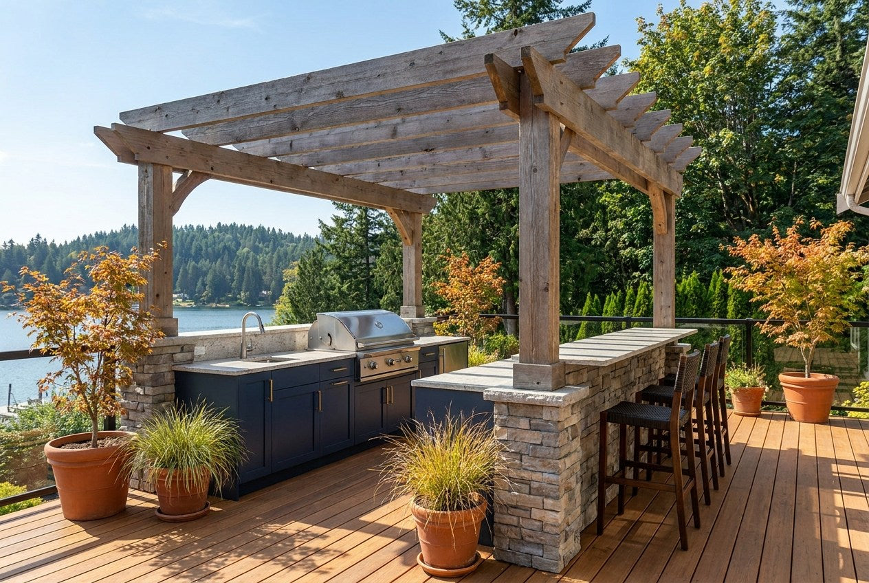 A finished outdoor kitchen on a Canadian cedar deck, with a built-in gas grill, stone counter, navy cabinetry, bar seating and a cedar pergola overlooking a lake