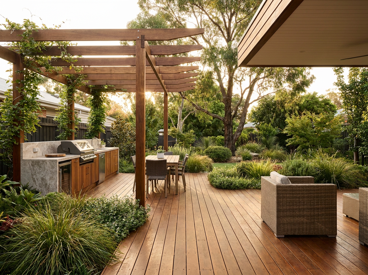Renovated Australian outdoor entertaining area with a timber deck, pergola and landscaped garden
