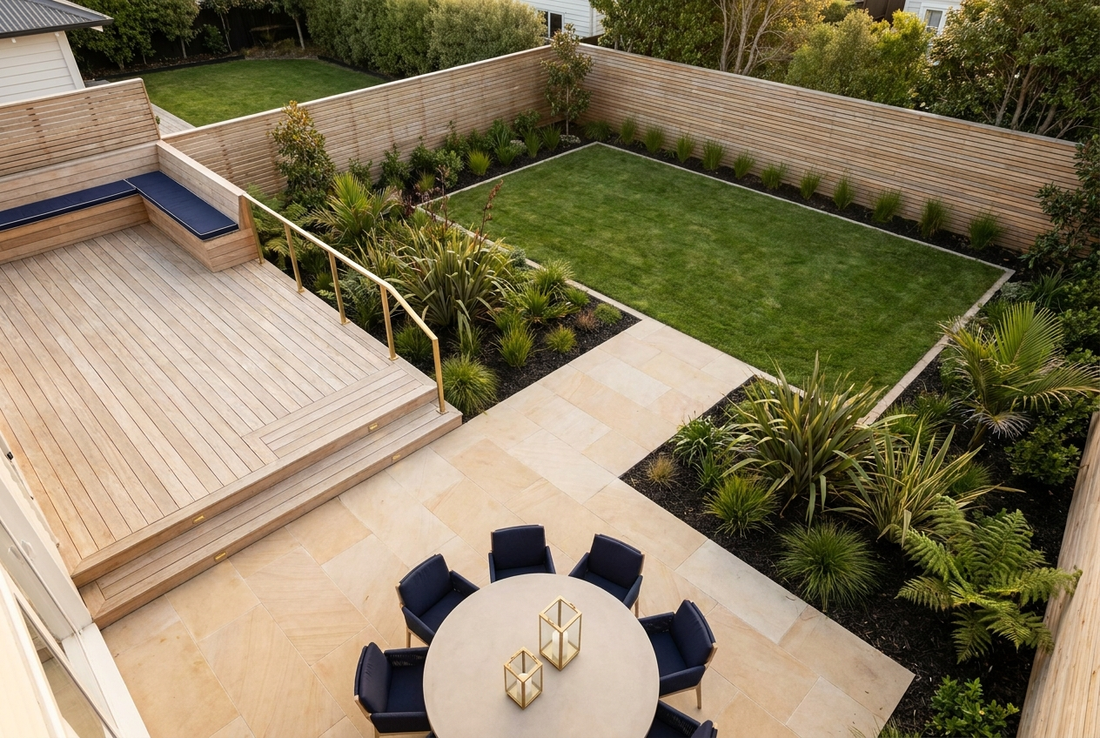 A finished New Zealand backyard renovation with a timber deck, paved stone patio with outdoor dining, defined native garden beds and a low slatted timber fence in golden-hour light