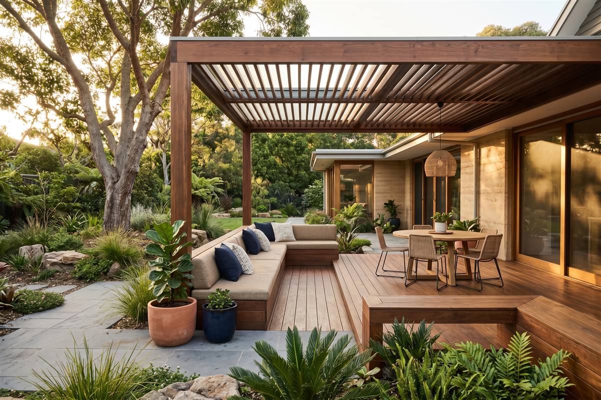 Renovated Australian outdoor living area with a timber deck, pergola and landscaping in afternoon light