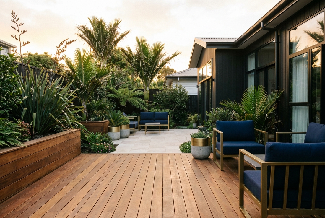 Renovated New Zealand outdoor living area with a timber deck, pale stone patio and native planting behind a modern home