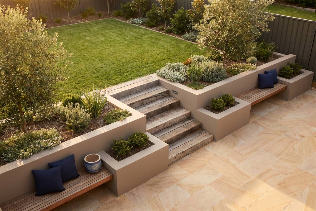 Renovated Australian backyard with paving, a rendered retaining wall, timber steps and a level lawn