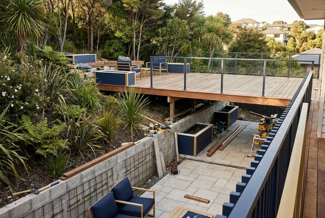Raised timber deck with a glass safety balustrade and a part-built concrete-block retaining wall on a sloping New Zealand backyard renovation