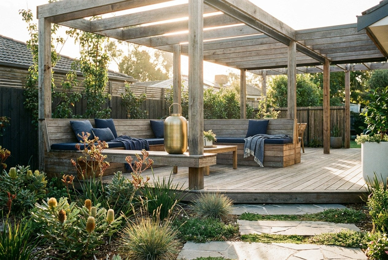Renovated Australian outdoor living area with a timber deck, pergola, navy outdoor cushions and a brass lantern