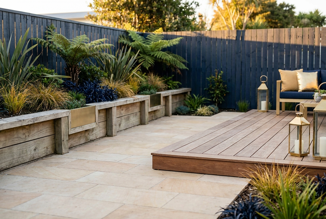 A freshly renovated New Zealand backyard with a timber deck adjoining a paved stone courtyard, low retaining edge, native planting and a slatted timber boundary fence at golden hour
