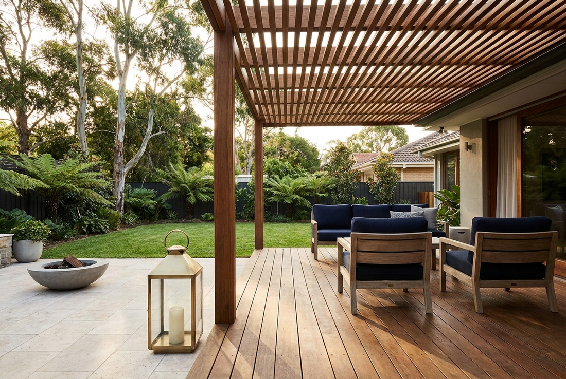 Renovated Australian outdoor living area with a timber deck, slatted pergola, navy cushions and a paved patio in afternoon light