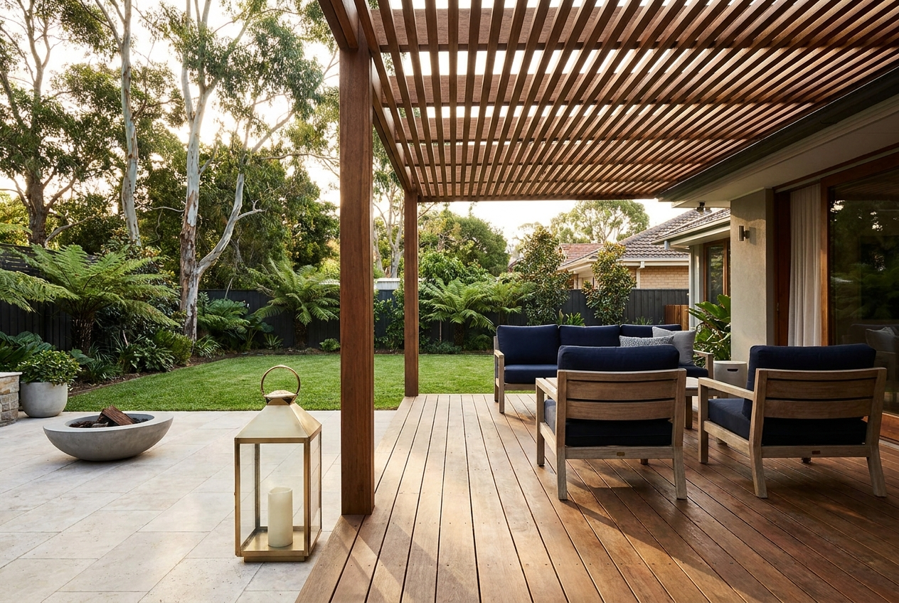 Renovated Australian outdoor living area with a timber deck, slatted pergola, navy cushions and a paved patio in afternoon light