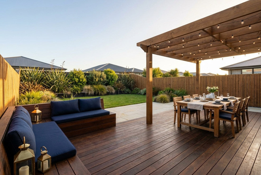 Fully finished New Zealand backyard entertaining area with oiled timber deck, pergola with festoon lights, navy cushioned bench seating, stone paving and native planting