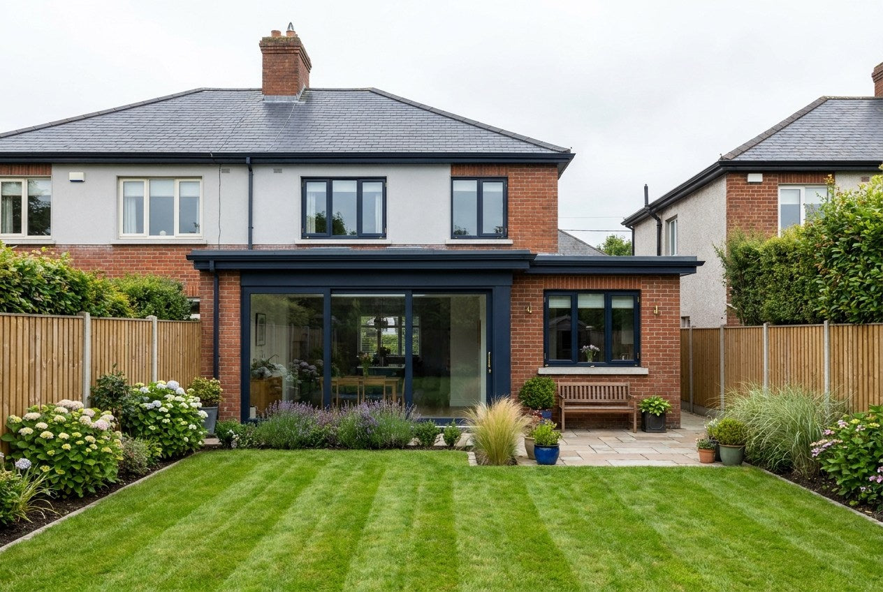Rear exterior of a finished Irish semi-detached house with a modern single-storey rear extension, glazed sliding doors with navy frames and brass hardware, and a neat striped lawn under overcast Irish daylight