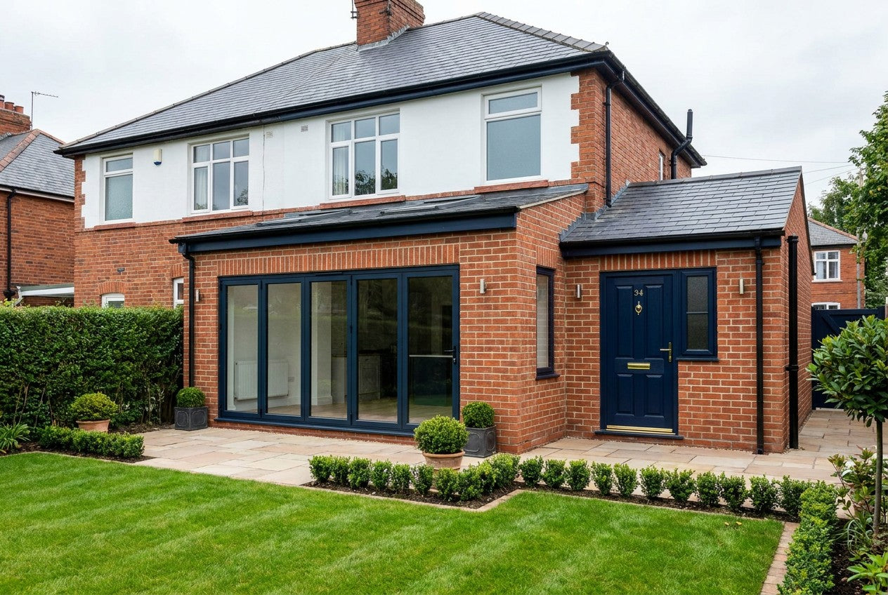 Renovated British semi-detached house with a completed single-storey rear extension, bi-fold doors and a navy front door