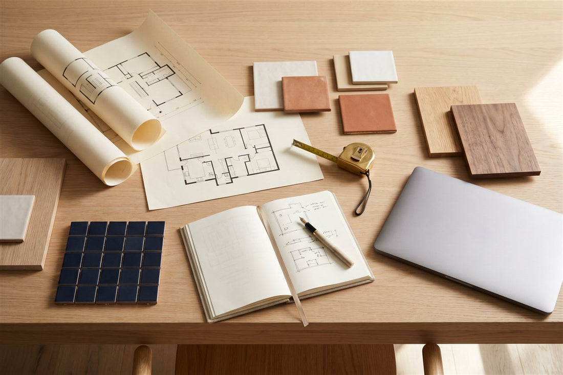 Organised renovation planning flat-lay with architectural floor plans, material swatches and a notebook on a timber table