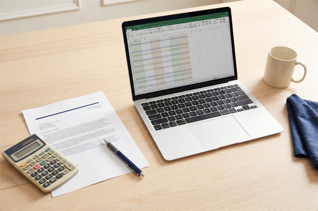 Renovation budget review with a laptop spreadsheet, printed quote, calculator and pen