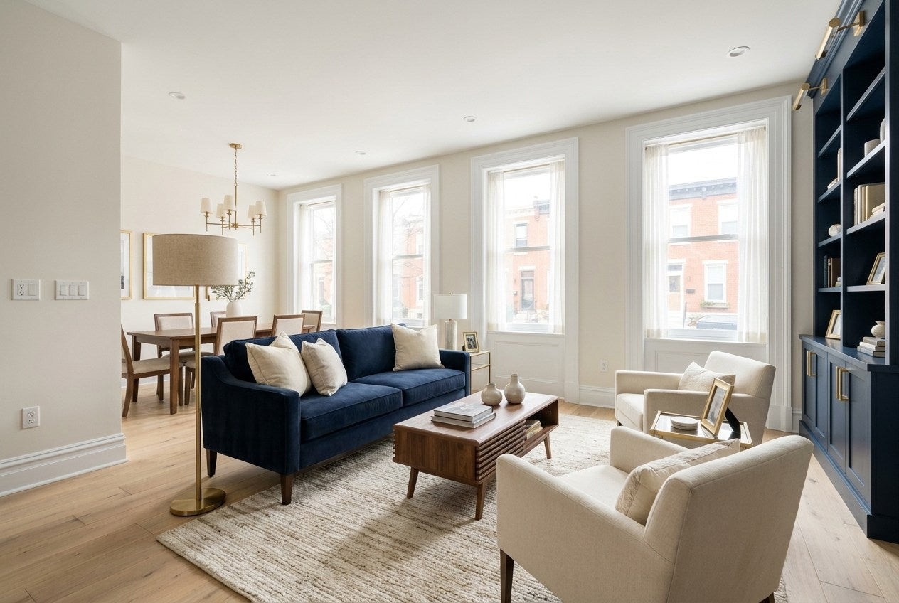 Finished and styled living room in a remodeled American city townhouse, with a navy sofa, brass lighting and a view of a brick row-house street, illustrating how remodel cost varies by metro