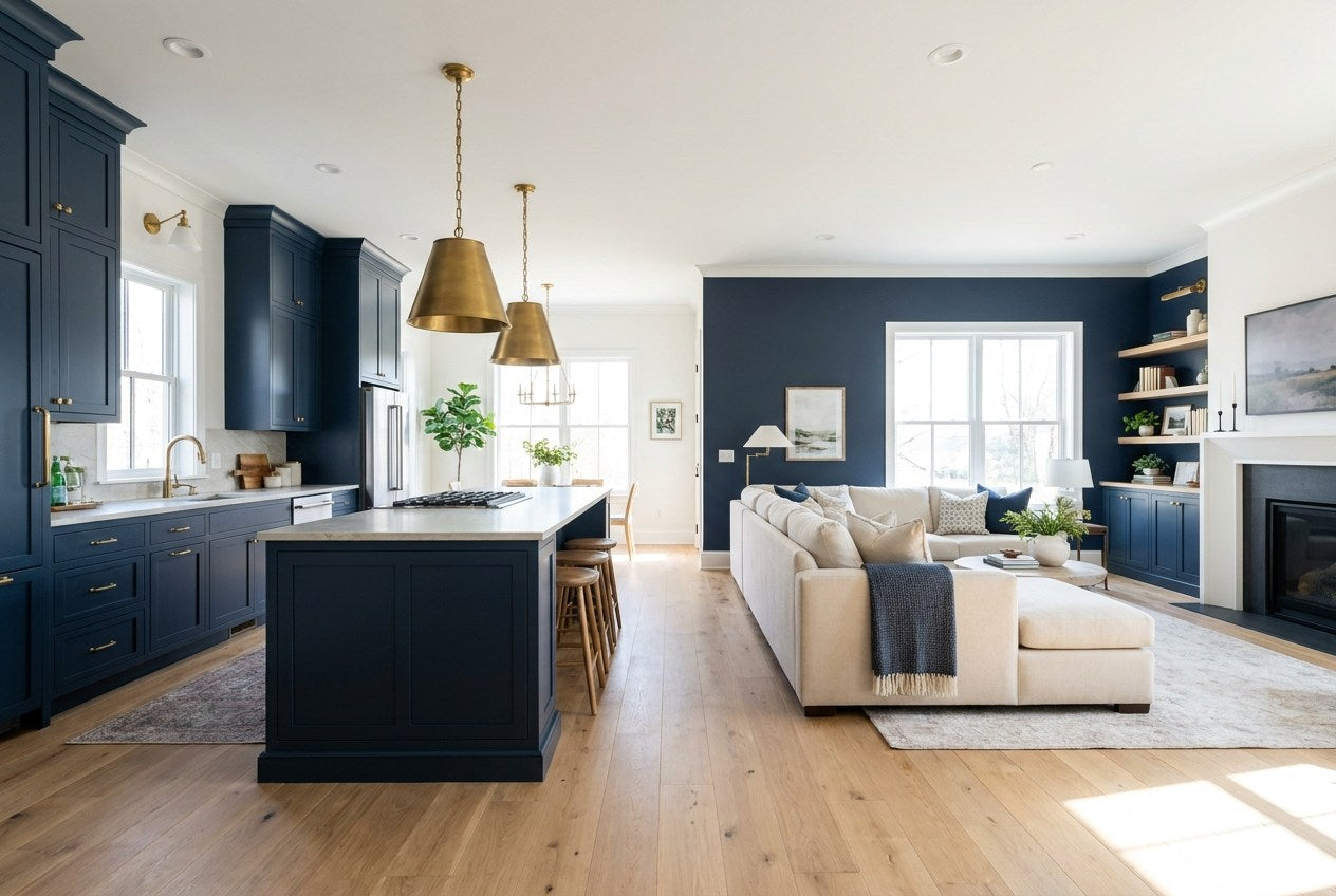 Fully renovated open-plan American kitchen and living room with navy cabinetry, brass pendant lights, pale stone countertop and light oak floors