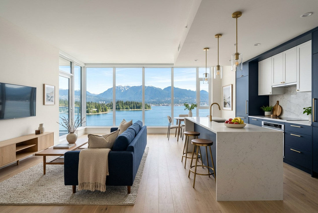 A finished, professionally styled Canadian condominium living and kitchen space in a Vancouver high-rise, with navy cabinetry, brass hardware and a view over the water to the snow-capped North Shore mountains.