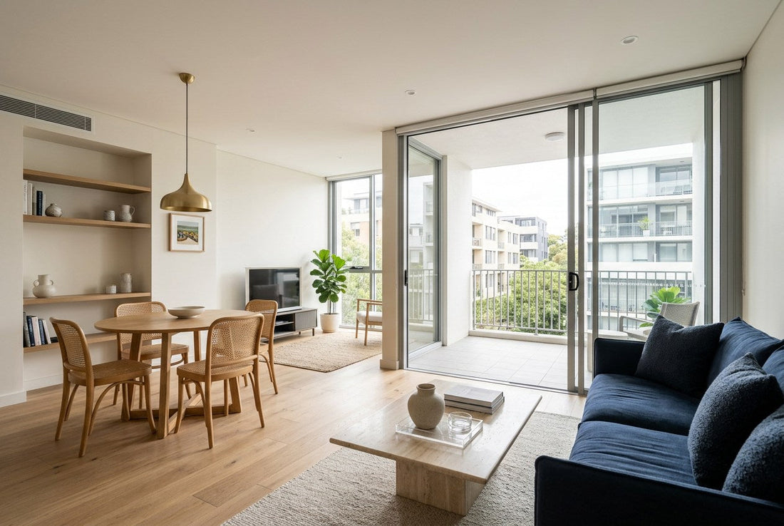 Fully renovated open-plan living and dining space in an Australian strata apartment, with a balcony and neighbouring apartment buildings beyond