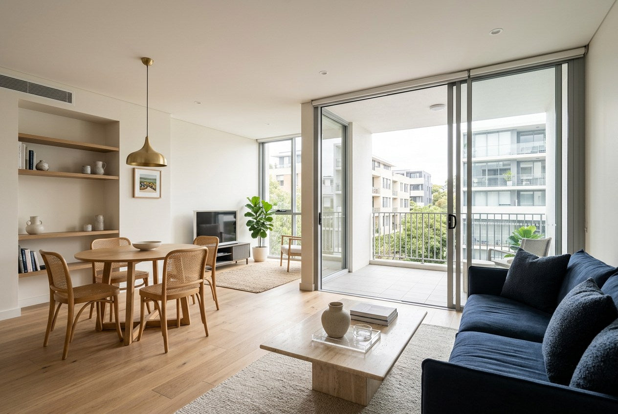 Fully renovated open-plan living and dining space in an Australian strata apartment, with a balcony and neighbouring apartment buildings beyond
