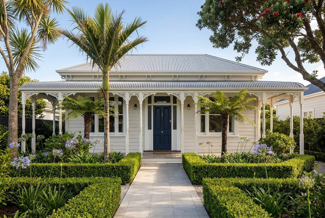 A renovated Auckland villa in New Zealand, with restored weatherboard cladding, a bullnose veranda, a deep navy front door and established subtropical planting