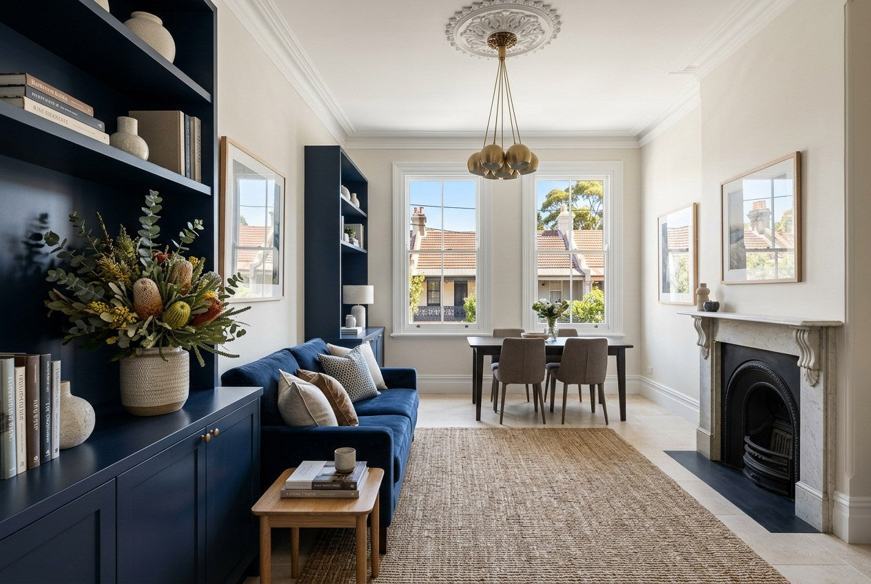 Renovated inner-city Australian terrace living and dining room with navy joinery, brass pendant light and pale stone finishes, looking out to a terracotta-roofed inner-suburban street