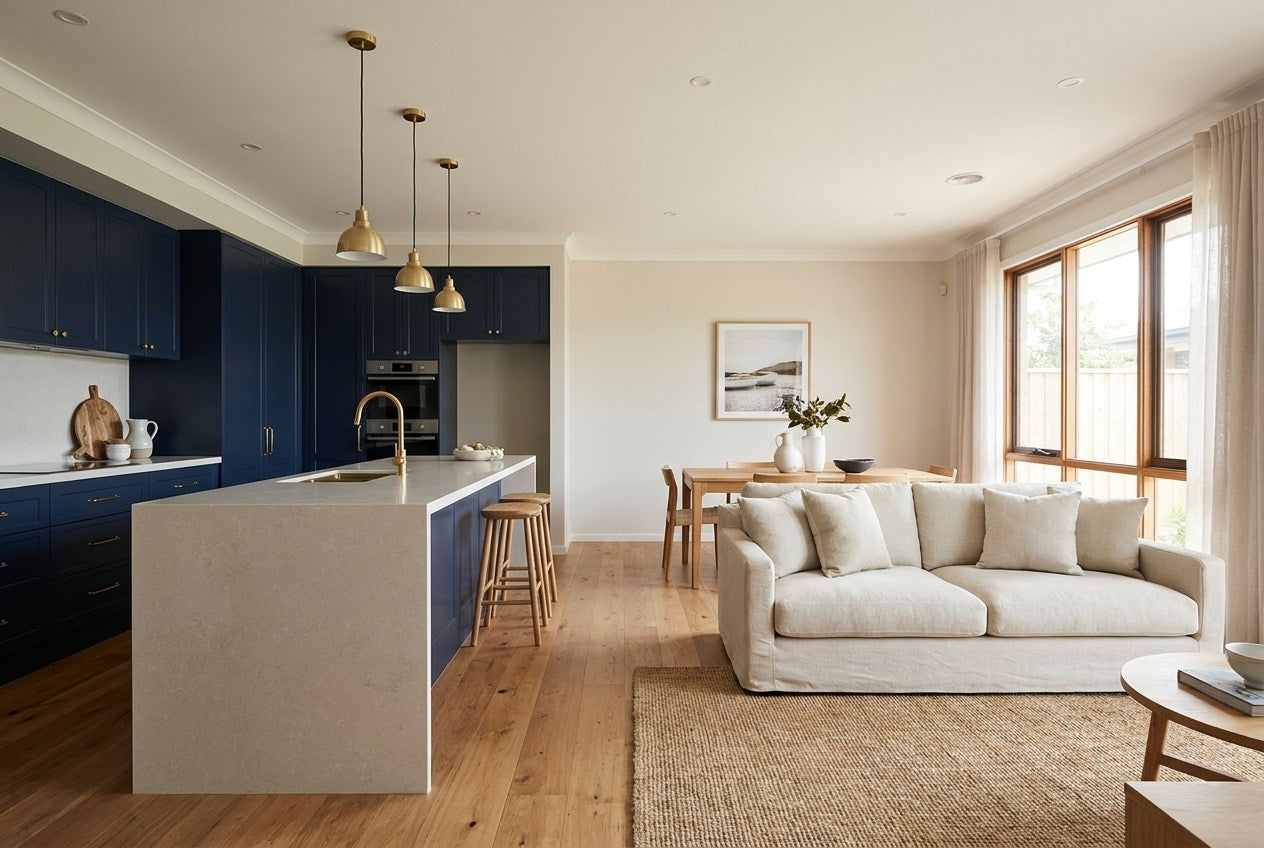 Fully renovated Australian open-plan kitchen and living area with navy cabinetry, brass pendant lights, pale stone benchtop, and oak floors