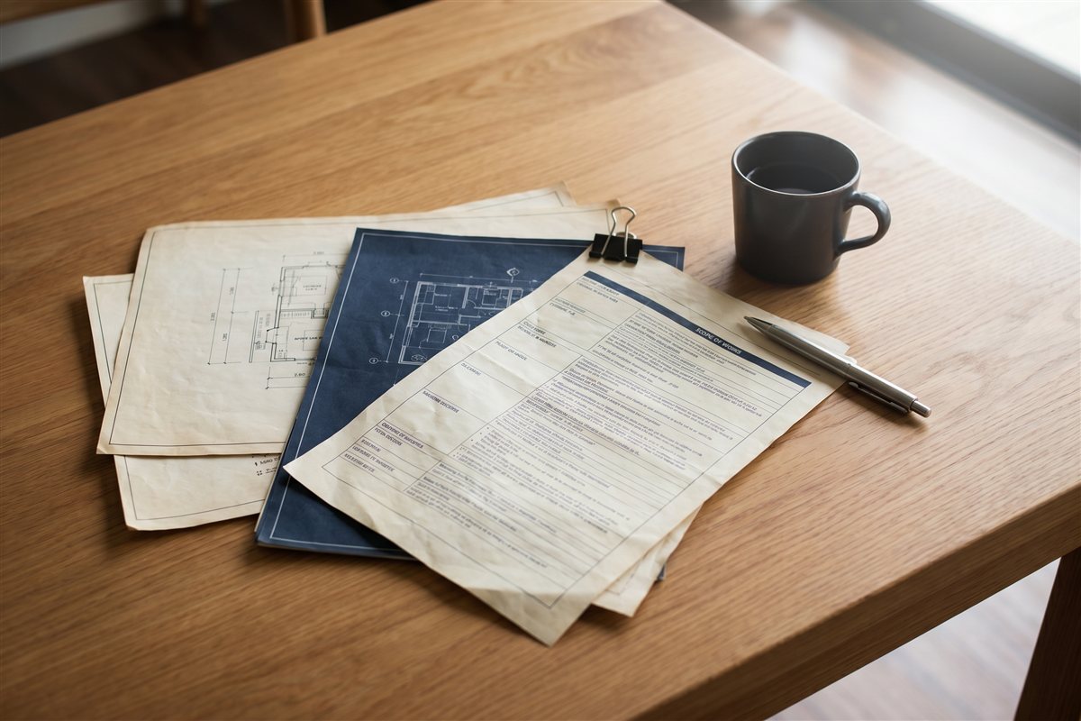 A renovation scope-of-works document and architectural floor plans spread on a timber table