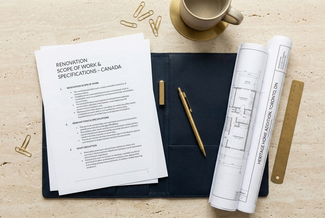 A Canadian renovation planning desk with a scope-of-work specification and floor plans