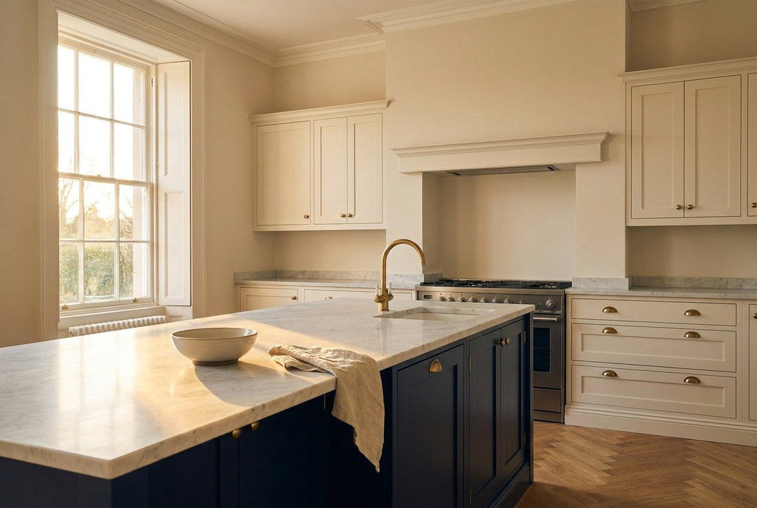 A completed kitchen in a restored Irish period home, with cream in-frame cabinetry, a deep navy island, brass fittings and a clear marble worktop