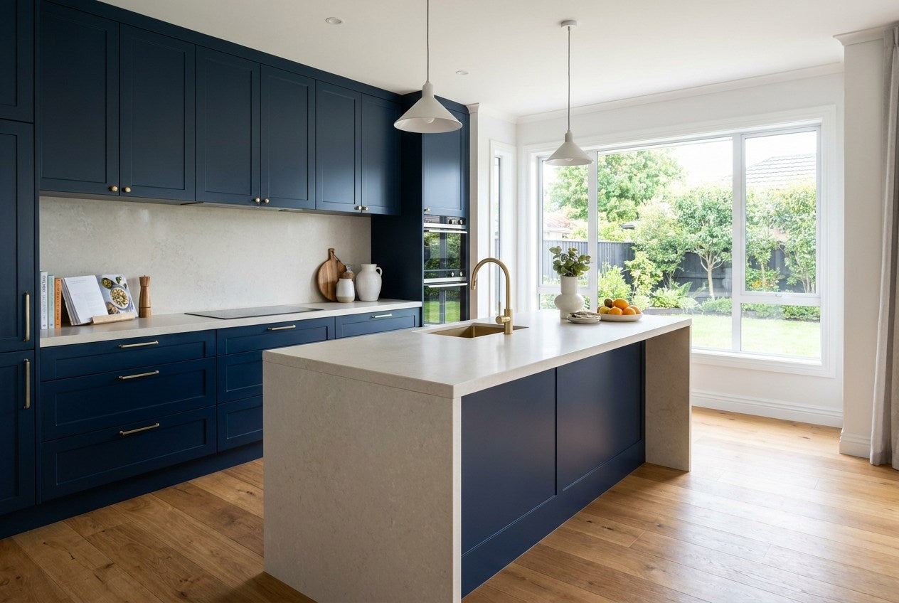 A finished New Zealand kitchen with deep navy cabinetry, brass tapware and a pale stone island