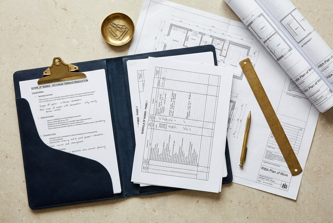 A UK renovation planning desk with a scope-of-works specification and schedule of works