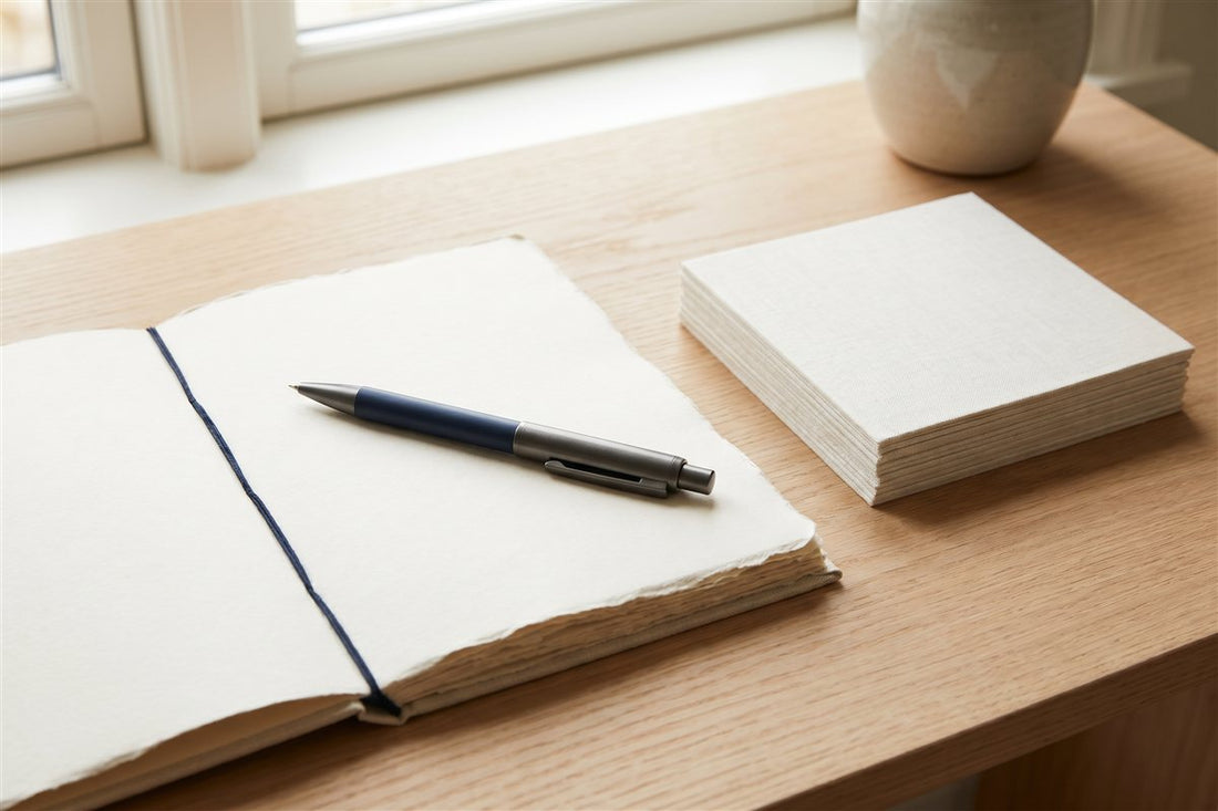 A building contract document with a pen resting on it on a timber desk