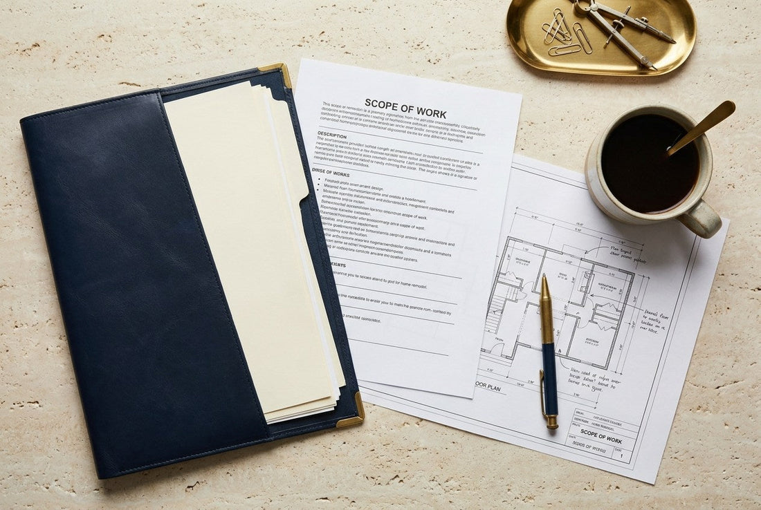 A home remodel planning desk with a detailed scope-of-work document and architectural plans