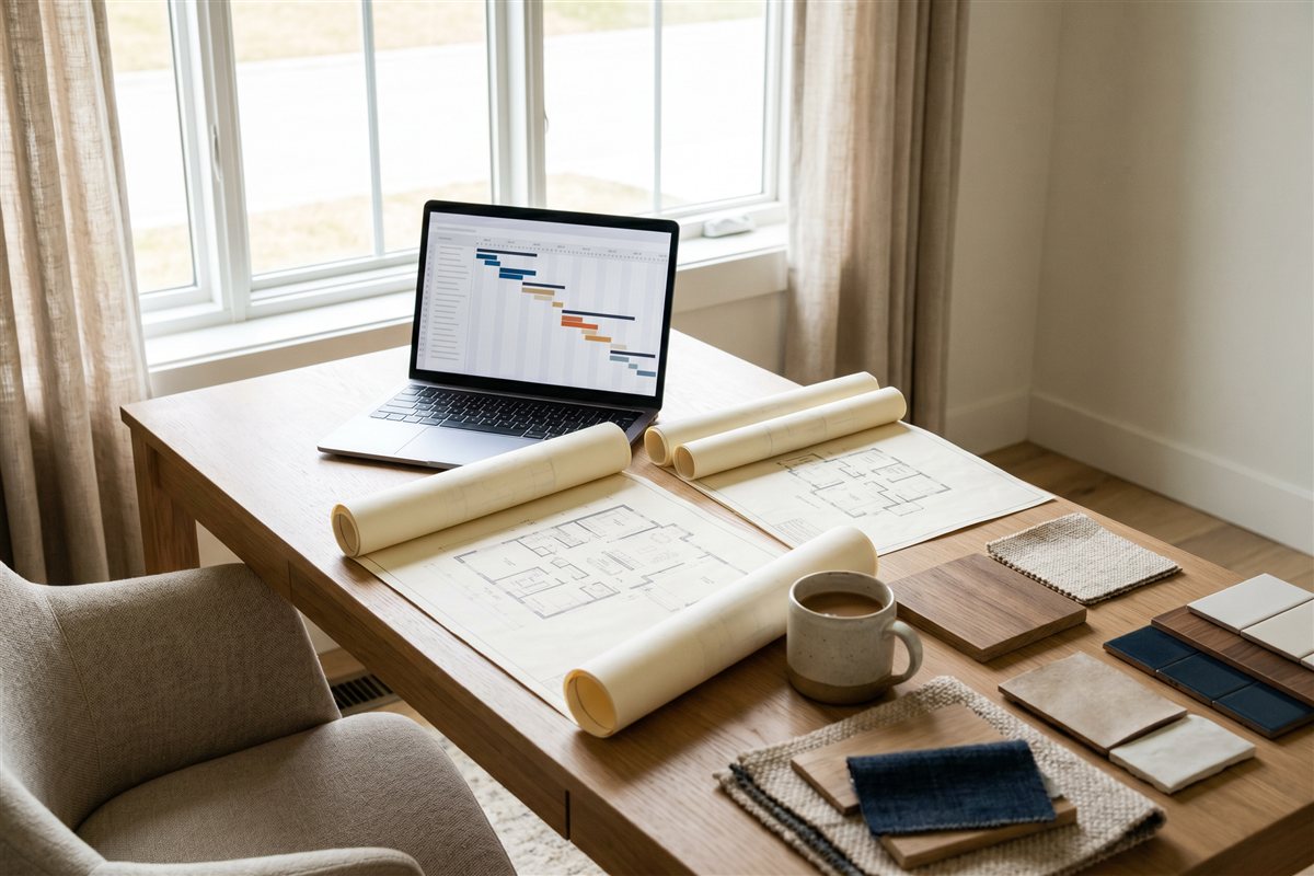 Homeowner's renovation planning desk with a laptop project schedule, floor plans and material swatches
