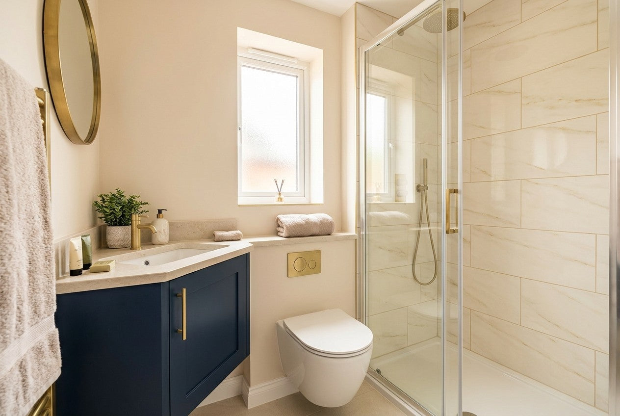 Fully renovated small US bathroom with a wall-hung toilet, corner-fitted navy vanity with brass hardware, and a glass-enclosed tiled shower