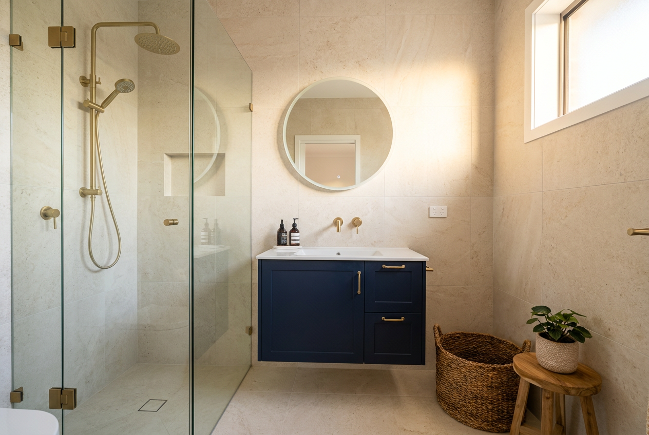 A small renovated Australian bathroom with pale stone tiles, a navy vanity and brushed brass tapware