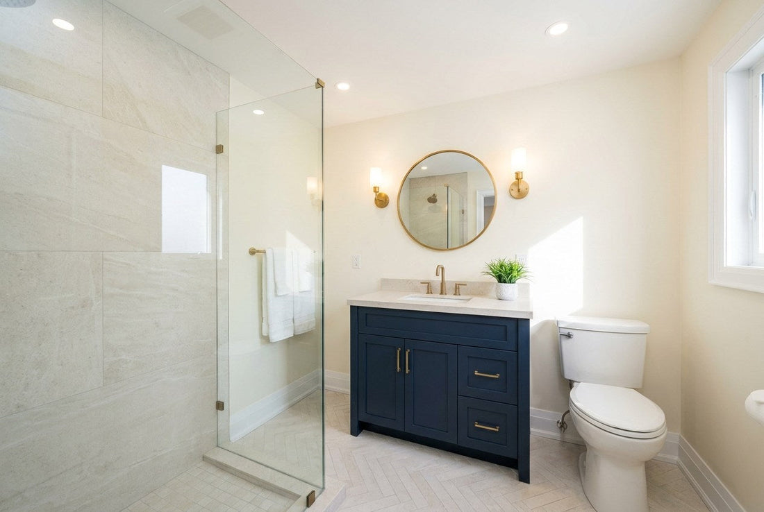 Finished small Canadian bathroom with navy vanity, brass fixtures, pale stone tile walk-in shower, and herringbone floor