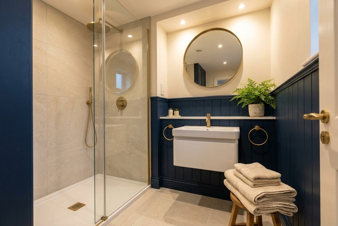 Fully renovated small bathroom in an Irish home with walk-in shower, navy panelling, brass fixtures and pale stone tiles