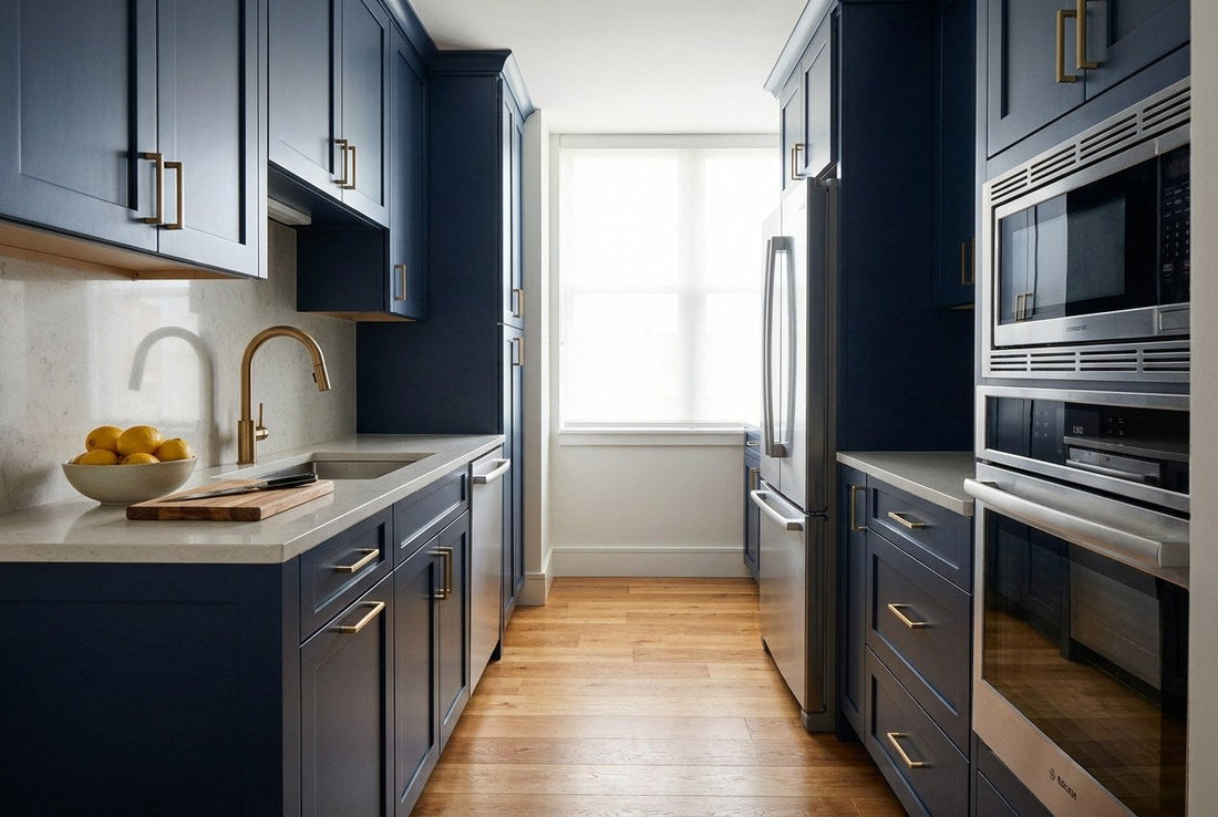 Finished small galley kitchen remodel in a US condo with navy shaker cabinets, brass hardware, and pale stone quartz countertops