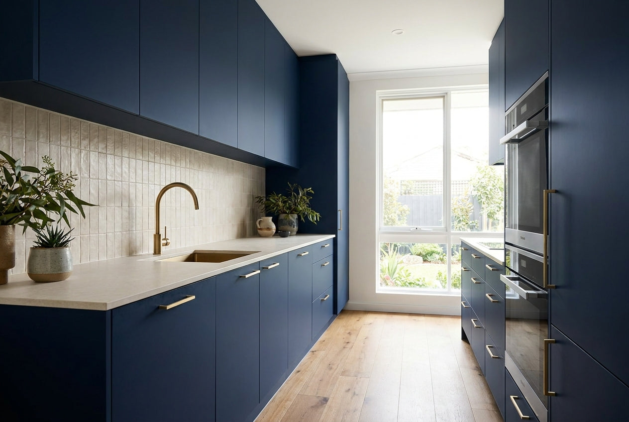 A small renovated Australian galley kitchen with flat-fronted cabinetry, a stone benchtop, tiled splashback and brushed brass handles