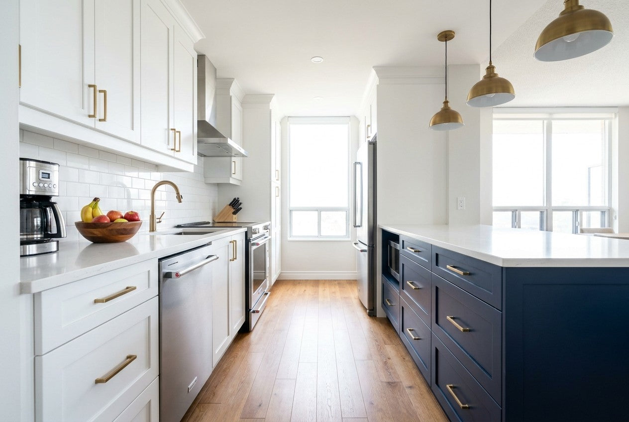 Freshly renovated small Canadian galley kitchen with white shaker cabinets, navy island, quartz countertop and brass hardware