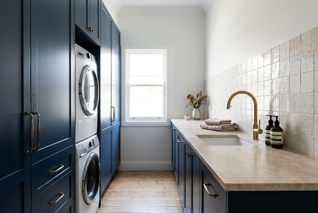 A small renovated Australian galley laundry with a stacked front-loader and dryer in navy cabinetry, stone benchtop and brass tapware
