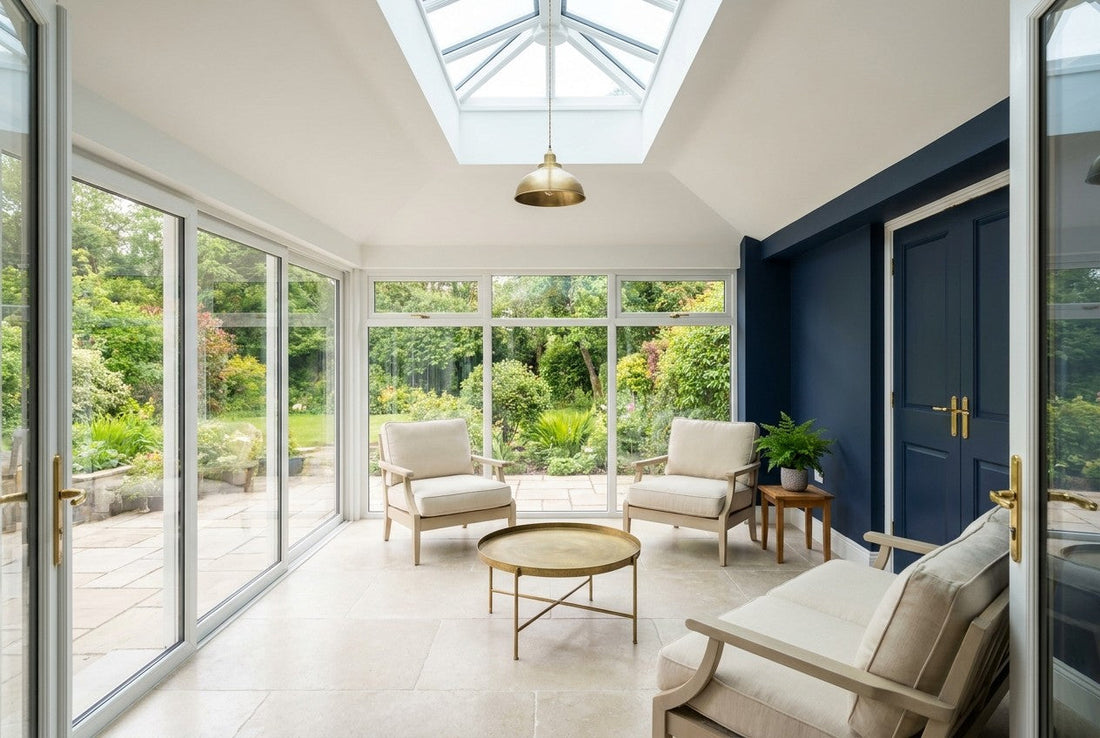 A finished Irish warm-roof sunroom interior with a glazed roof lantern, a navy accent wall, brass pendant light, pale stone floor and garden view