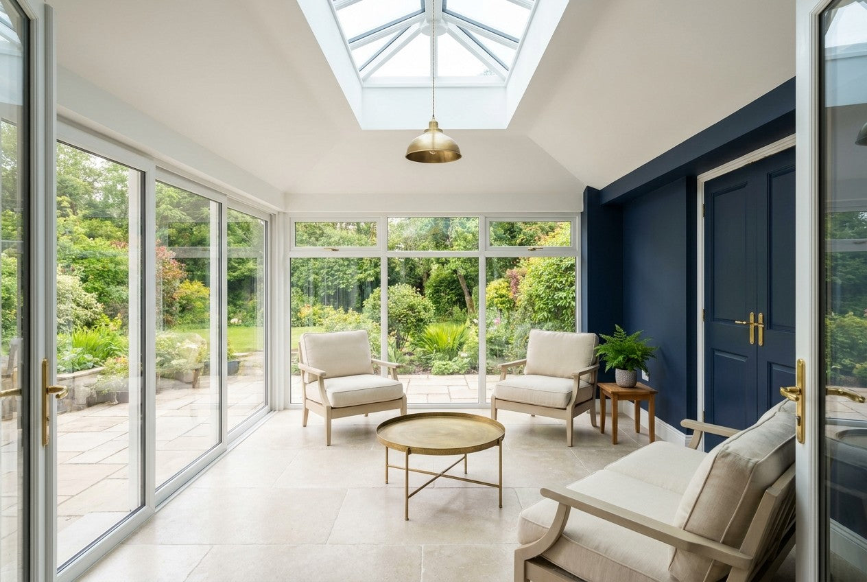A finished Irish warm-roof sunroom interior with a glazed roof lantern, a navy accent wall, brass pendant light, pale stone floor and garden view