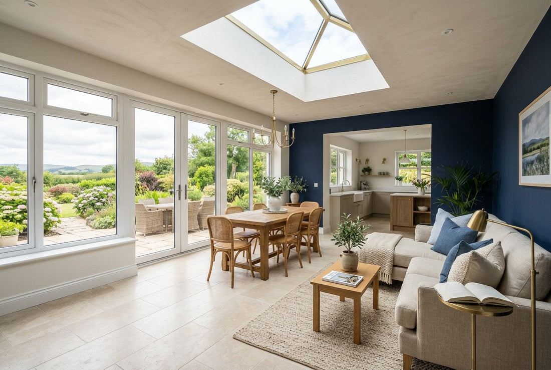 Finished Irish sunroom extension with a solid tiled roof and central glazed lantern, navy accent wall and brass fittings, opening onto a garden