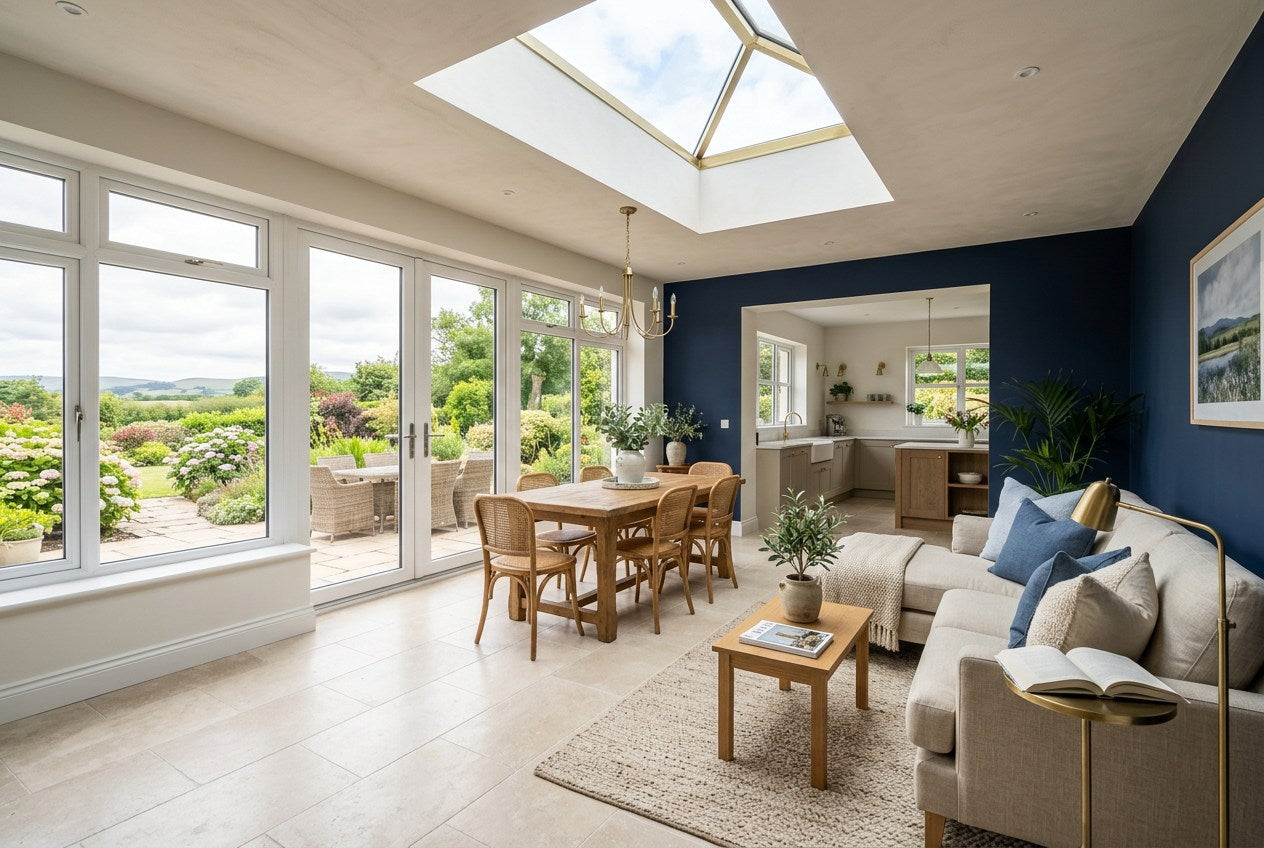 Finished Irish sunroom extension with a solid tiled roof and central glazed lantern, navy accent wall and brass fittings, opening onto a garden